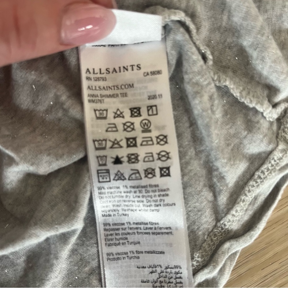 ** All Saints Tshirt Gray glitter roll sleeve Size 6 EU 38 - Picture 9 of 9
